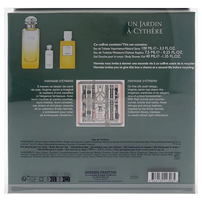 Hermes Un Jardin A Cythere for Unisex - 3 Pc Gift Set 3.3oz EDT Spray, 0.25oz EDT Splash, 1.35oz Shower Gel