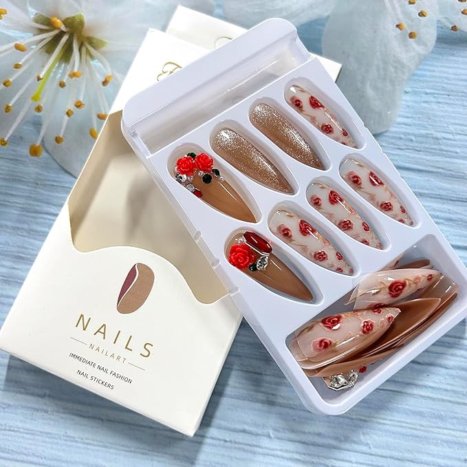 Flower Press on Nails Extra Long Red Floral Rhinestones Design Almond Tip Acrylic Cat Eye False Nail Full Cover Glossy Handmade Artificial Fingernails 24Pcs Reusable Press Ons Glue on Nails for Women