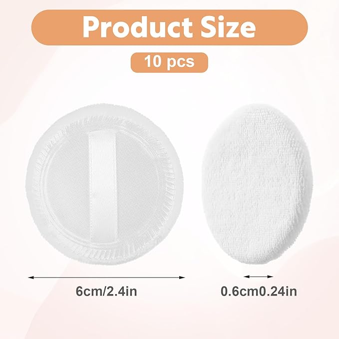 10Pcs 100% Cotton Round Dusting Powder Puff, White Round Velour Makeup Powder Puff, 2.4 Inch Soft Velour Foundation Puffs, Body Face Powders Puffs with Ribbon for Loose and Foundation