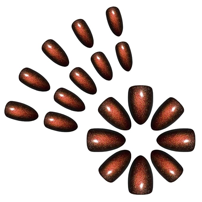 IMRAIN Cat's Eye Press on Nails Medium Almond Brown Fake Nails Brown Orange False Nails Full Cover Glossy Glue on Nails Stick on Acrylic Nails for Women Girls 24Pcs