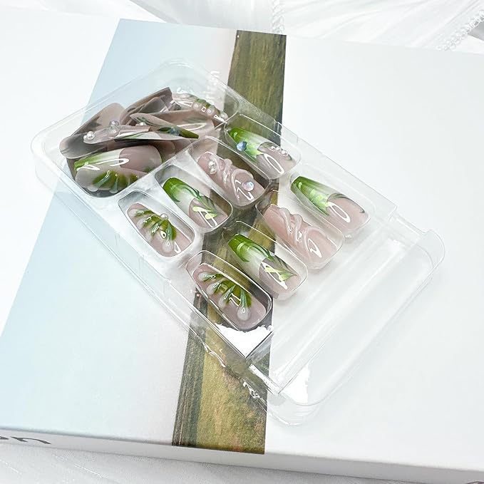 24Pcs Green Press on Nails Medium Square Nail Tips French Tip Fake Nails with 3D Designs Pearl Glue on Nails Summer Flower Acrylic Nails Vine False Nails Nude Full Cover Stick on Nails for Women