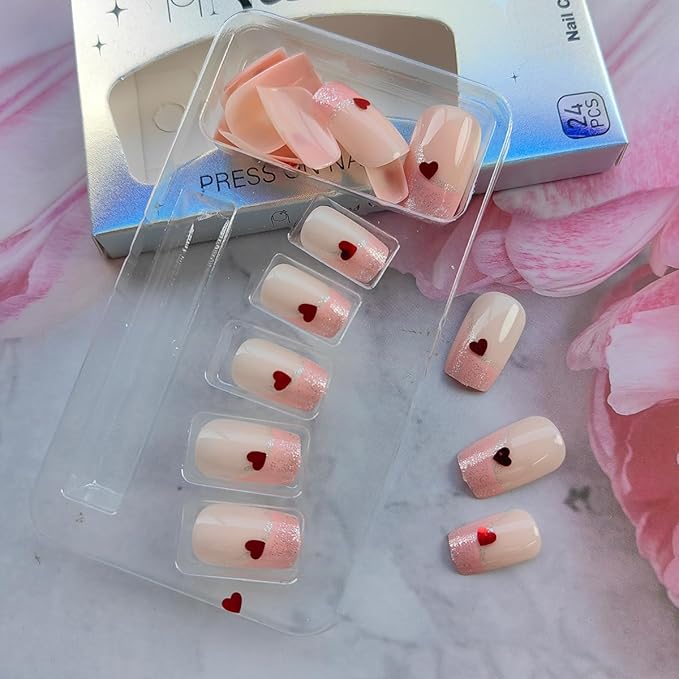 24Pcs Heart Press on Nails Medium Square Fake Nails Pink French Tip Glue on Nails Valentines Press ons Pink Stick on Nails Valentines Artificial False Nails for Women DIY Acrylic Nails Charms