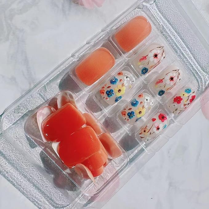 Flower Press on Nails Short Square Fake Nails Glue on Nails with Colorful Floral Design Small Flowers Acrylic False Nails Manicure Art Full Cover Stick on Nails for Wedding Birthday Women 24Pcs