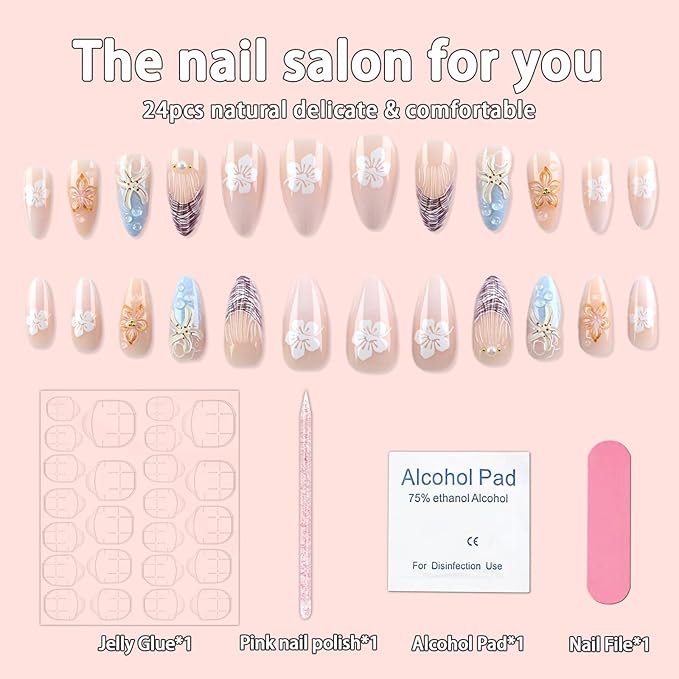 Flower Press on Nails Medium Almond Fake Nails with 3D Seashell Designs Pearl Rhinestones Shell Hibiscus Glue on Nails Embossed Starfish False Nails Gold Beads Floral Stick on for Women Acrylic Nails
