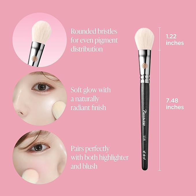 Piccasso 116 Highlighter Brush – Soft Goat Hair Makeup Brush for Face, Ideal for Highlighting Cheekbones, Nose, and Jawline, Fluffy Blush Brush for Natural Glow, Professional Korean Beauty