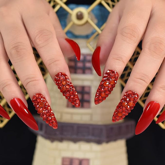 Luxury 3D Red Rhinestones Press on False Nails Extra Long Stiletto Salon DIY Manicure Reusable Fake Acrylic Christmas Nail Art Tips with Jelly Adhesive Tabs Nail File