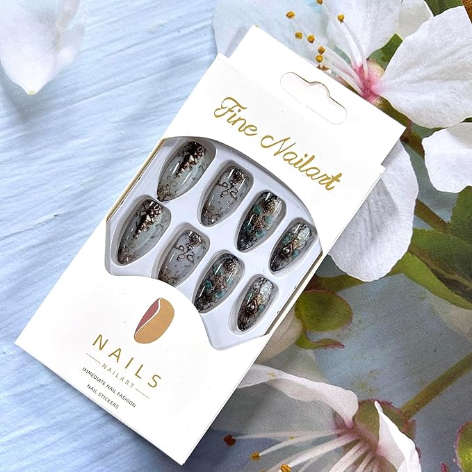 Almond Tip Press on Nails Medium Length Gold Ireegular Lines Pattern Design Full Cover Glossy Acrylic Fake Nail Press Ons Artificial Fingernails 24Pcs Reusable Glue on Nails for Women Manicure