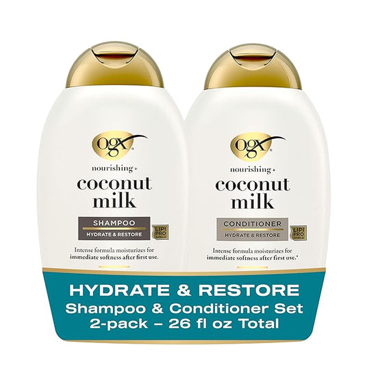 OGX Nourishing + Coconut Milk Sulfate Free Shampoo and Conditioner Set, Hydrates & Softens Hair, Lipi Pro Shield Technology, Creamy Coconut Milk White Peach & Shea Butter Scent, 2 Items, 2 x 13 fl oz