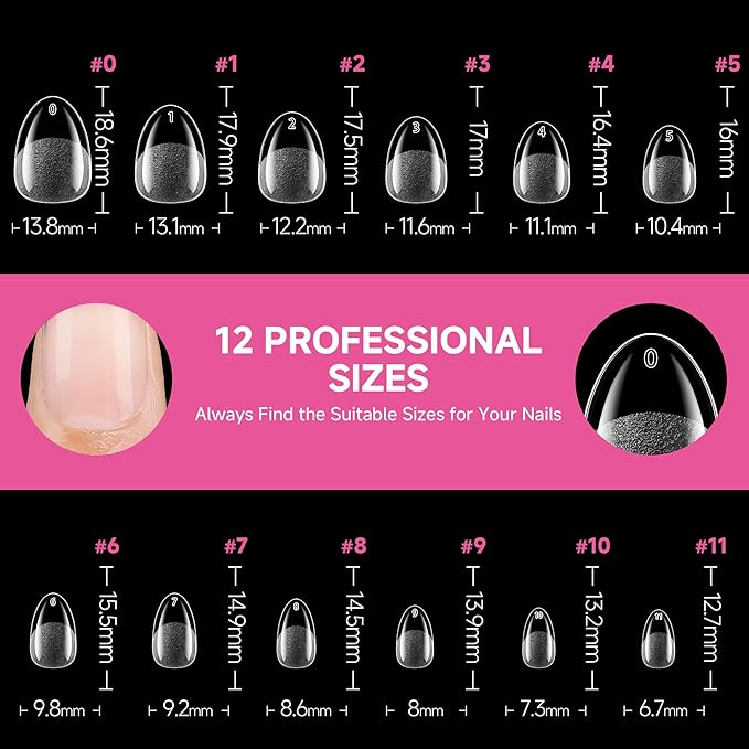 UNA GELLA Extra Short Almond Nail Tips, 312pcs XS Short Almond Gel Nail Tips Pre-Shaped Half Matte Full Cover No Need File Soft Gel Clear Fake Nails for Nails Extension Home DIY Salon 12 Sizes