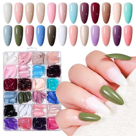 Press on Nails, 24 Colors 576PCS Medium Almond False Nails with 12 Sizes, Full Cover Press on Nails for Women, Lightweight Matte Natural Fake Nails for Nail Art Design