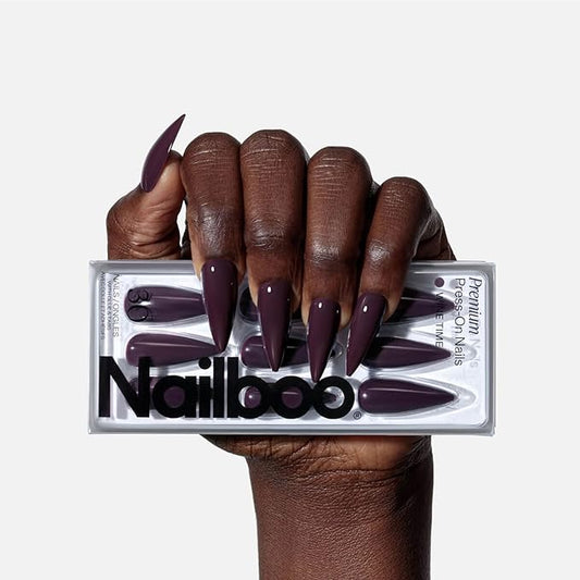 Nailboo Press On Nails, Salon-Quality Reusable Fake Nails for Fast DIY Manicure with Strong Hold Nail Glue for Press Ons, Nail File, & Alcohol Prep Pads, Wine Time