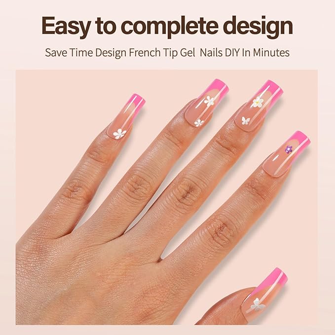 150Pcs French Gel Nail Tips, Vansiho Long Square Nail Tips, Pink Pre-French Tips Press on Nails, Soak Off Soft Gel Acrylic Fake Nails for Nail Art DIY 15 Sizes