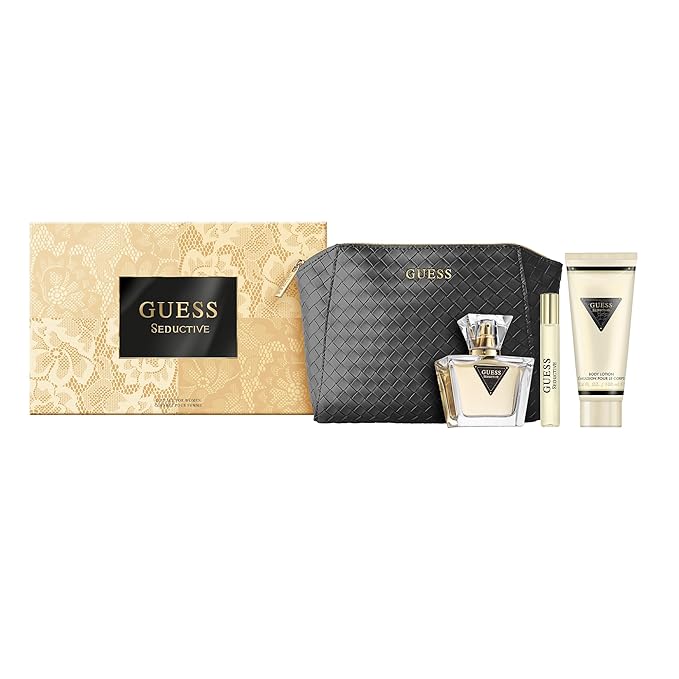 Guess Seductive Women Eau de Toilette 4 Piece Gift Set - Perfume Spray 2.5 Fl. Oz., Travel Size Perfume Spray 0.5 Fl. Oz., 3.4 Fl. Oz. Body Lotion, & Pouch