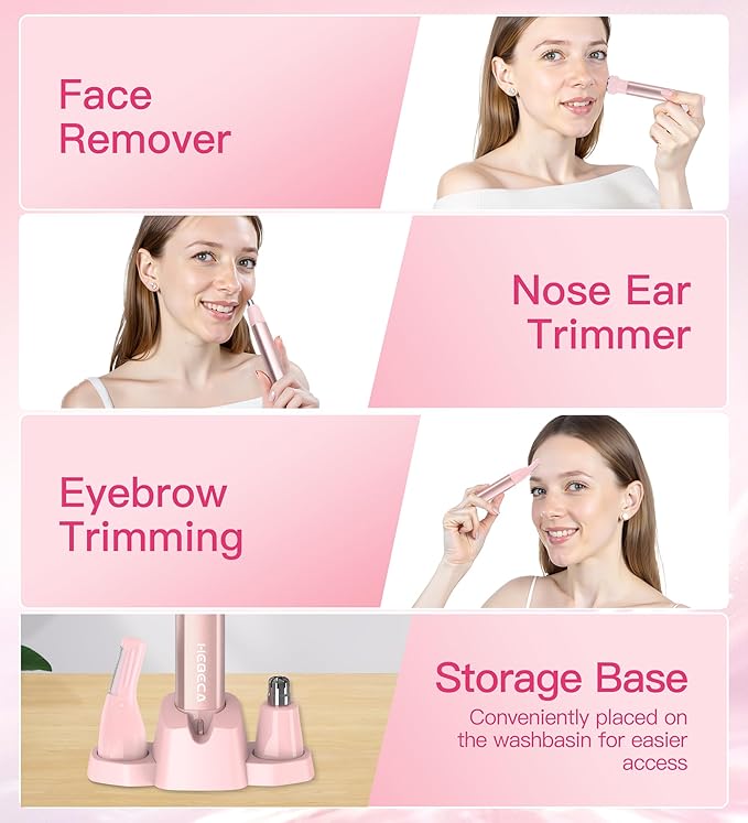 Nose Hair Trimmer for Women 3in1 Facial Hair Removal Trimmers with Storage Base - Waterproof, Portable USB Rechargeable with Travel Bag- Trims Nose, Ear, Eyebrow, Peach-Fuzz, Lips, Chin Face Hair