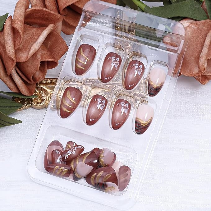 24Pcs French Tip Press on Nails Short Almond Fake Nails 3D Gold Beads Design Fall Flower Acrylic Nails Gold Chrome Line Full Cover False Nails Zebra Stripe Brown Glue on Nails Decoration for Women DIY