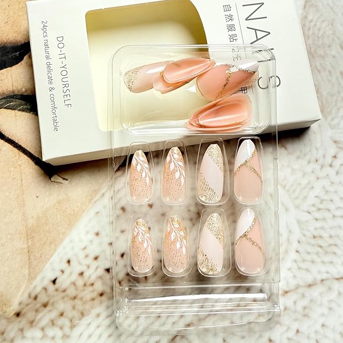 Almond Press on Nails Gold Glitter French Tip Fake Nails with Leaves Designs Medium Length Artificial Nails Sparkly False Nails Glossy Full Cover Acrylic Stick on Nails for Women Manicure Tips 24Pcs