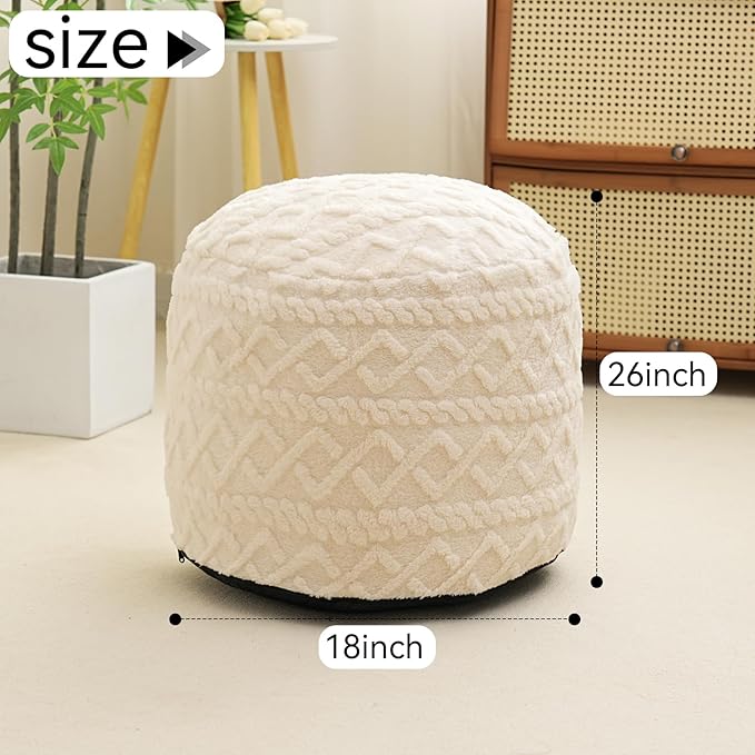 Round Stuffed Pouf Ottoman, Corduroy Poufs with Foam Chunk Filling, Furry and Fluffy Pouf Foot Stool Storage Beige 26"