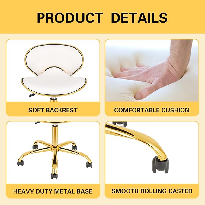 Adjustable Nail Tech Chair Rolling Stool with Backrest, Salon, Lash, Nail Tech and Hair Stylist, Massage Tattoo Facial Stool with Wheels-White