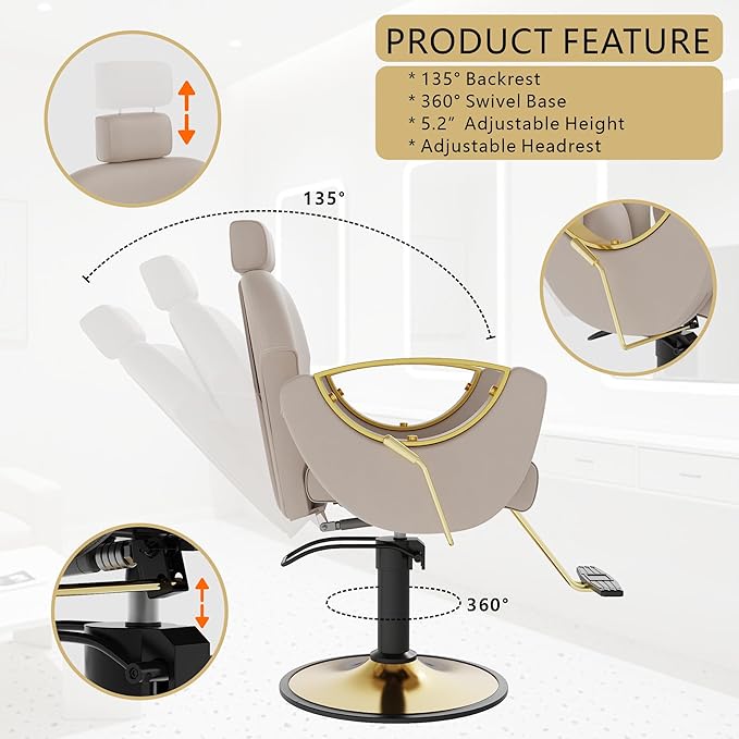 Barber Chair, Reclining Hair Salon Chair, 360 Degrees Swivel Styling Chair, Height Adjustable Hydraulic Shampoo Chairs, Spa Equipment (Gray)