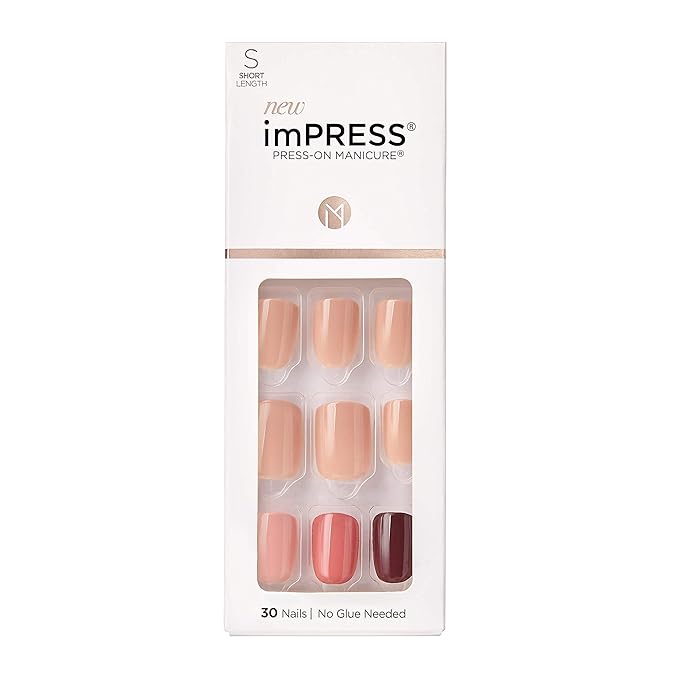 KISS imPRESS No Glue Mani Press On Nails, Design, 'Before Sunset', Multicolor, Short Size, Squoval Shape, Includes 30 Nails, Prep Pad, Instructions Sheet, 1 Manicure Stick, 1 Mini File