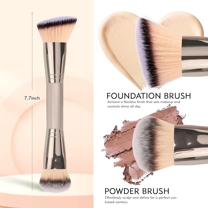 Dual-Ended Foundation Brush: Round & Angled Pro-Grade makeup brushes, 100% Vegan Synthetic Makeup Brush for Flawless Blending and Application of Liquid, Powder, Cream, Blush