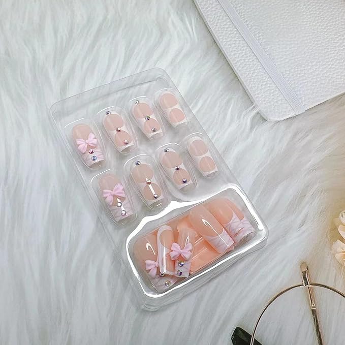 French Tip Press on Nails Fake Nails with French Sweet Pink Bow False Nails Medium Square Nail Cute Pink Press on French Nail Tips Artificial Nails Acrylic Stick on Nails for Women Manicure 24Pcs