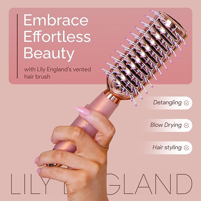 Lily England Vented Hair Brush for Blow Drying - Easy Detangling Hairbrush for Women for Fine, Thick, Curly Hair with Non-Slip Gel Handle - Static Free Vent Hair Brushes for Faster Drying, Rose Gold