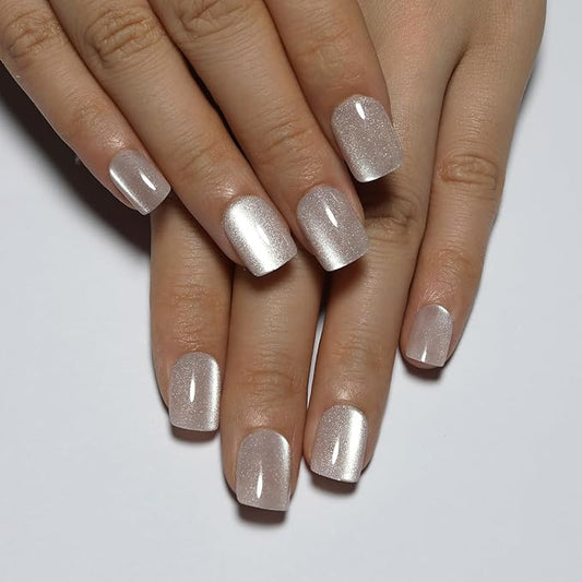 Nude Press On Nails Square, Cat Eye Press On Nails Short Fake Nails with Color-Shifting Glow, Reusable Stick On Nails, 15 Sizes - 30 Nail Kit with Glue, Natural Glue On Nail for Women, Silken Glow