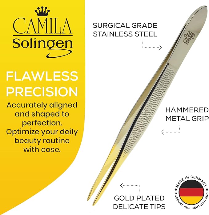 CS32 3 1/2" Gold Tipped, Surgical Grade, German Stainless Steel Tweezers (Pointed) - Flawless Eyebrow and Facial Hair Shaping and Removal for Men/Women