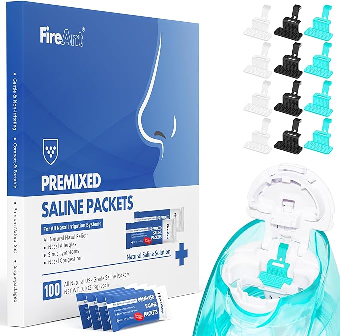 100 Saline Packets and 12 Reusable Saline Pods Refills Set, Compatible with Navage Nasal Care - Includes 100 Count Salt Packets Sinus Rinse + 12 Pack Silicone Salt Pads Refill in Black & White & Blue
