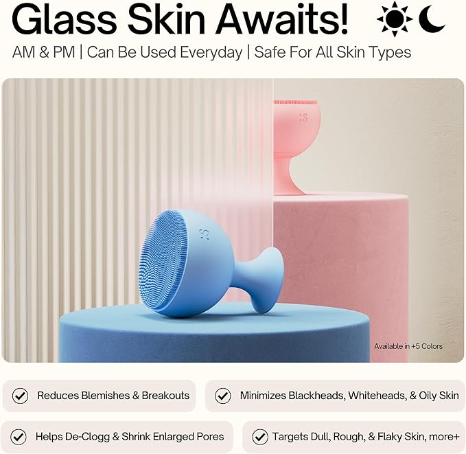 Palm Face Clean Pro⁺ - Silicon Electric Face Scrubber for Acne - IPX7 Waterproof and Rechargeable Face Exfoliator with Slip-Free Grip, 3 Speed Setting - Free from phthalates - Arctic