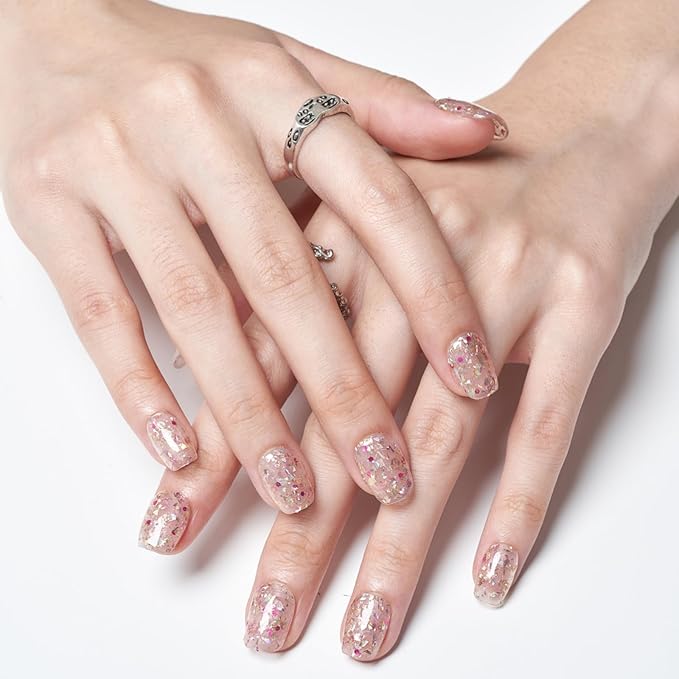 GLAMERMAID Press on Nails Extra Short Square, Spring Handmade Glitter Dazzling Light Gel Glue on Nails, Glossy Fake Nails Reusable Acrylic False Nails Manicure Kits for Women