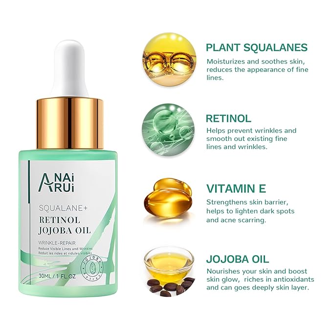 Squalane Retinol Jojoba Oil Moisturizer for Face Hydrate, Nourish, Moisturize Fine Lines and Wrinkles, Wrinkle-Repair Facial Oil for Smoother, Supple Skin 1 fl. Oz