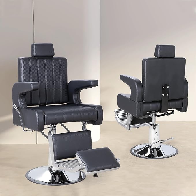 FHFO Barber Salon Hair Chairs for Barbershop, Hydraulic Barber Chair 360°Adjustable PU Leather Beauty Salon Chair for Barbershop Spa Black/Silver