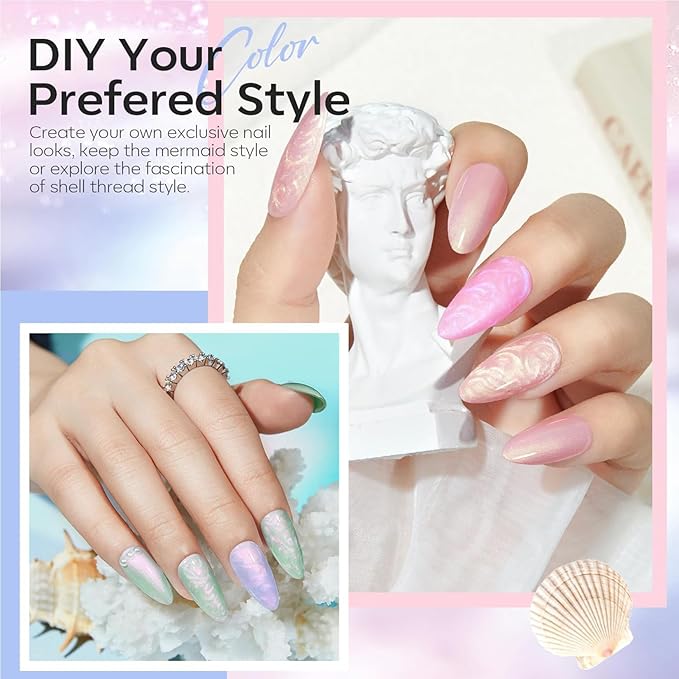 modelones Pearl Gel Nail Polish Set, 6 Colors Aurora Iridescent Shimmer White Pink Purple Mermaid Nail Drawing Glitter Gel Polish Soak Off Led Swirl Shell Thread Effect with Dotting Pen DIY Mani Gift