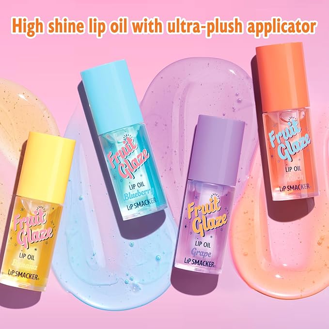 Lip Smacker Fruit Glaze Lip Oil, Ultra-Hydrating & Moisturizing with High-Shine Finish, Plush Applicator for Effortless Glide, Delicious Non-Sticky Flavor - Peach