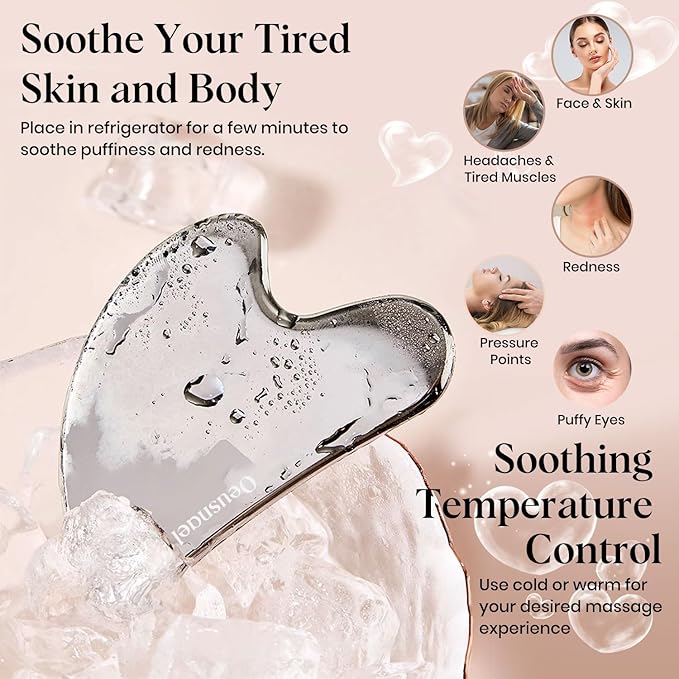 Stainless Steel Gua Sha Facial Tools, Lymphatic Drainage Massager for Face Sculpting, Chin & Jawline Shaper, Metal Guasha Tool for Body Eyes Neck, Self Skin Care Gift for Women Men with Pouch