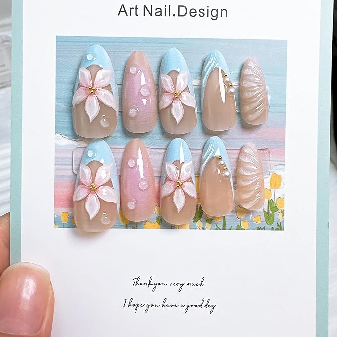 24pcs Blue French Tip Press on Nails Short Almond Fake Nails with 3D Flower Pearl Designs Summer False Nails Floral Acrylic Nails Kit Stick on Nails Full Cover Glue on Nails for Women Nail Decoration