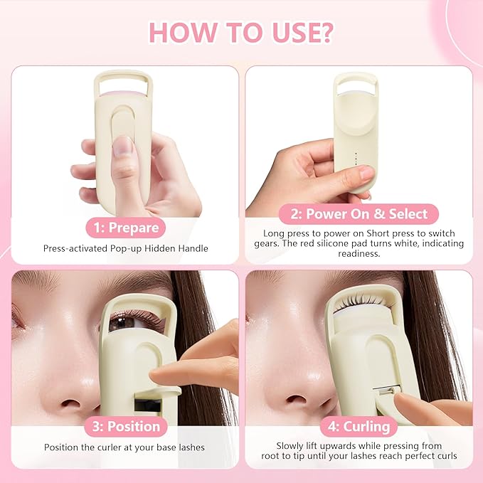 Heated Eyelash Curler, Electric Eyelash Curler with 2-Temp Modes & Type-C Charging, 8s Fast Heat 3s Style 24H Lift for Long-Lasting Natural Effortless Curls, Mini Heated Lash Curler for Women(Beige)