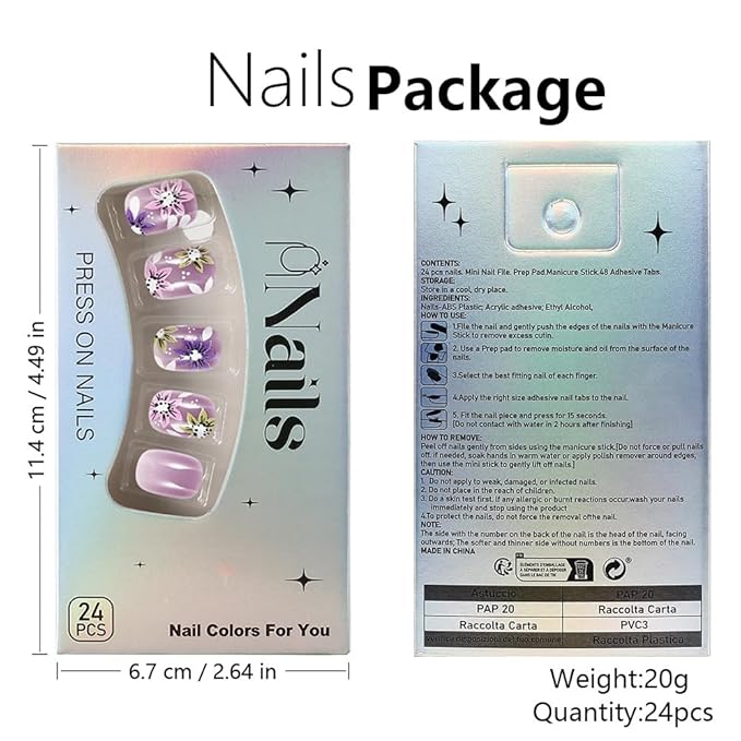 Spring Flower Press on Nails Short Square Fake Nails Gradient Purple Nails Press ons with Ombre Flowers Designs Cute Acrylic Nail Kit Spring Summer Nail Designs Floral Glue on Nails for Women 24Pcs