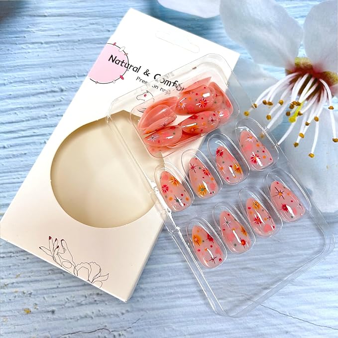 Press on Nails Short Oval Pink Love Heart Stars Pattern Design Full Cover Glossy Acrylic Fake Nails Press Ons Artificial Stick on Nail Short 24Pcs Reusable Glue on Nails for Women