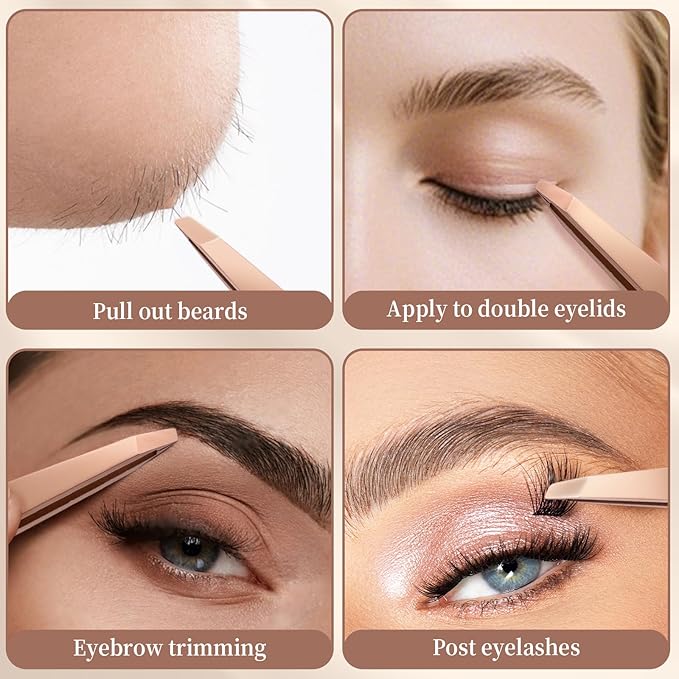 Precision Stainless Steel Tweezer for Eyebrows, Facial Hair and Fine Hairs Removal, Slant Tip Eyebrows Tweezers with Leather Case (Rose Gold)