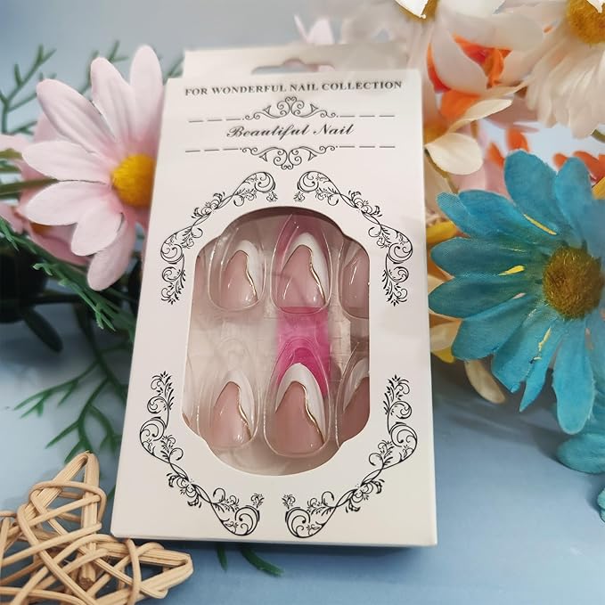 White French Tips Press on Nails 24Pcs 3D Curve Line Acrylic Full Cover Fake Nails Irregular Gel Glue on Fingernails Glossy Pink Medium Almond False Nail Curved Stick on Nail for Holiday Manicure Art