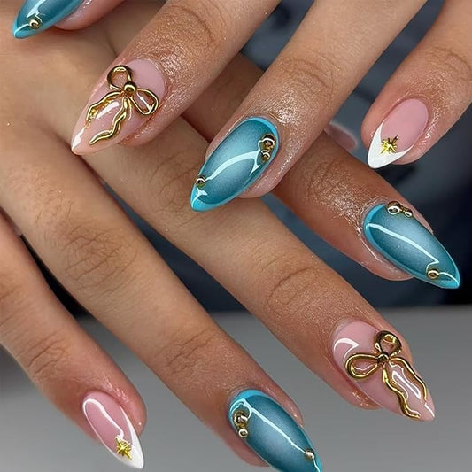 Blue Press on Nails Medium Almond Fake Nails with 3D Gold Bow Steel Ball Charms Design White French Tips Glue on Nails Glossy Blue Artificial False Nails for Women Girls Manicure Decoration Tips 24Pcs