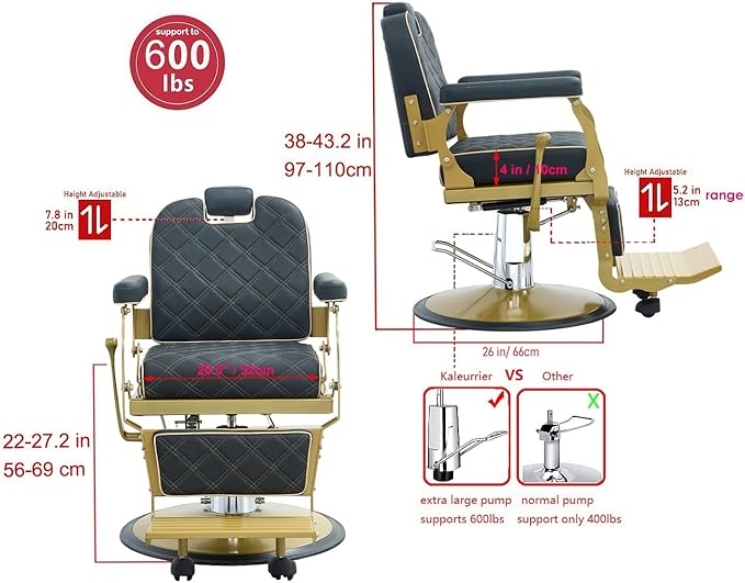 Kaleurrier Black and Gold Barber Chair: Professional Heavy Duty Recliner Salon Chair for Hair Stylist - Reclining Hydraulic Barber Shop Chairs for Home Hair Beauty Salon Massage Barbershop