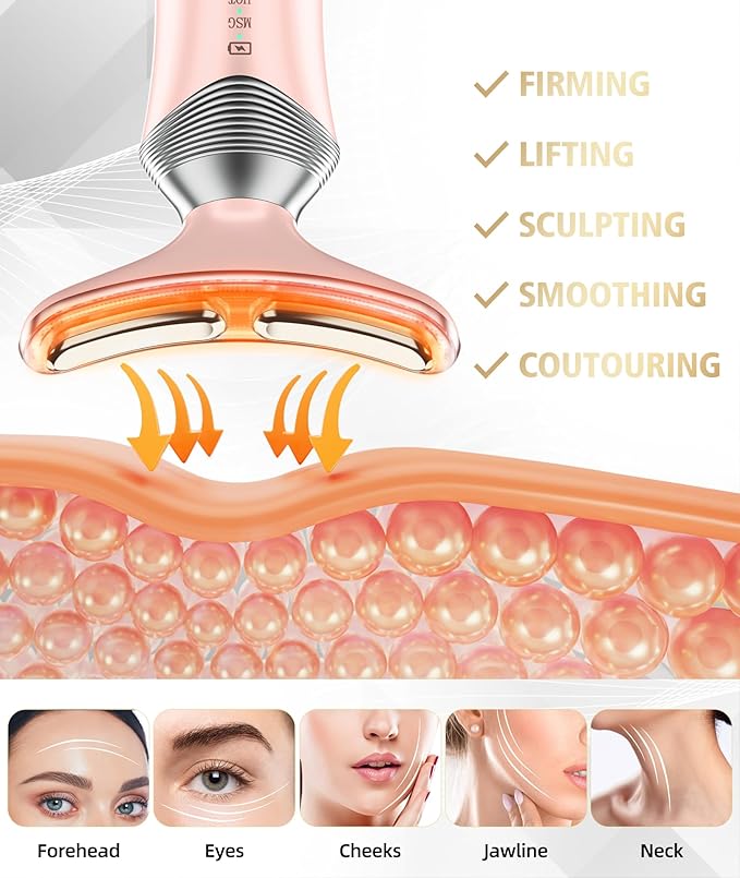 9-in-1 Red-Light-Therapy-for-Face-and-Neck, Portable Facial Massager Tool with Adjustable Vibration & Thermals for Wrinkles, Double Chin, Pink