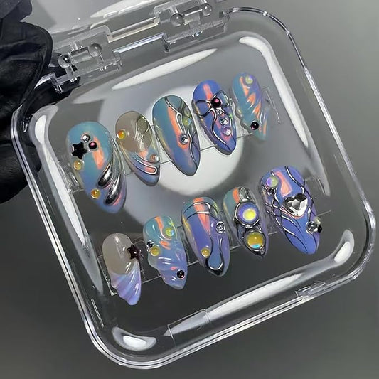 24Pcs Purple Press on Nails Medium Almond Fake Nails Star Heart Rhinestones Glitter Design Full Cover Cute Bow Stick on Nails Silver Chrome Nails French Tip False Nails for Women Girls Acrylic Nails