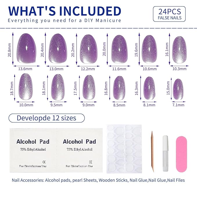 Short Press On Nails Almond Cat Eye Press on Nails with Glue for Women Ashionable Gel False Nails Reusable Acrylic False Nails Women's Glitter Nails Glue On Nails Kit, Lavender