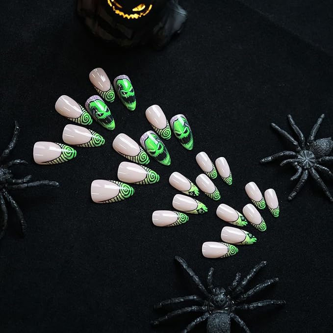 24Pcs Goth Press on Nails Medium Almond French Tip Fake Nails Horror Monster with Black Castle Design Horror Green Full Cover Artificial Glue on Nails Goth False Nails for Women Acrylic Manicure DIY