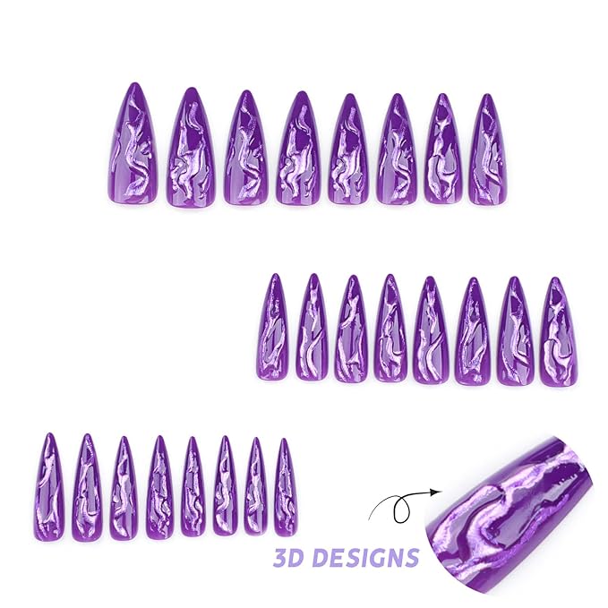 IMRAIN Press on Nails Long Stiletto Fake Nails Gel Glossy Full Cover Purple Aurora False Nails with 3D Line Designs Stick on Nails for Women Girls 24Pcs